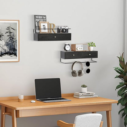 DreamPossible Floating Shelves - Wall Mounted Bathroom Shelf Set of 2 with Drawers, Rustic Wood Shelves for Bedroom, Living Room, Kitchen, Home Decor, Plants, Books (Black)