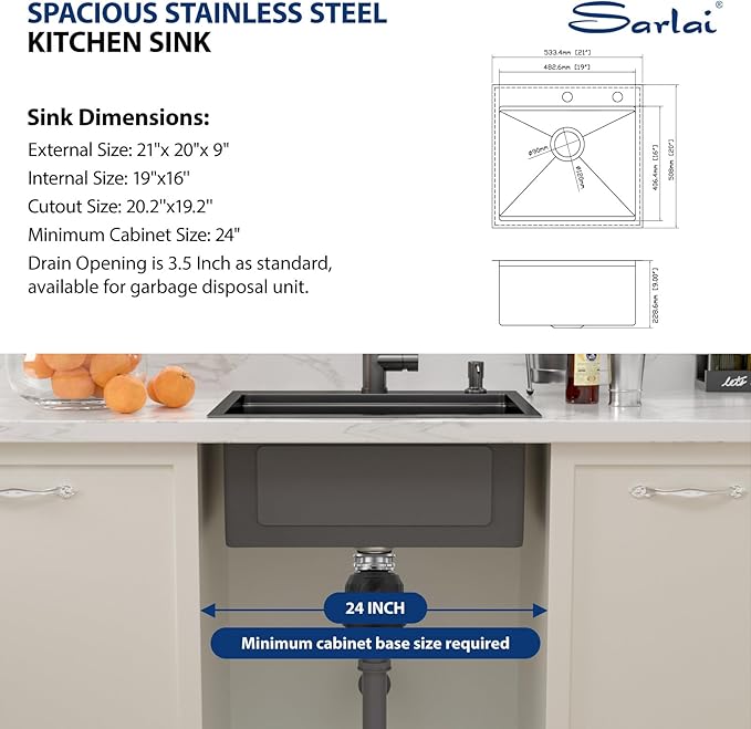 Sarlai Outdoor Kitchen Sink - 21 Inch Drop Bar RV Sink with Pull-out Faucet Drop In Workstation 21 x 20 Topmount Stainless Steel 16 Gauge Single Bowl Bar Prep Outdoor Sinks Basin