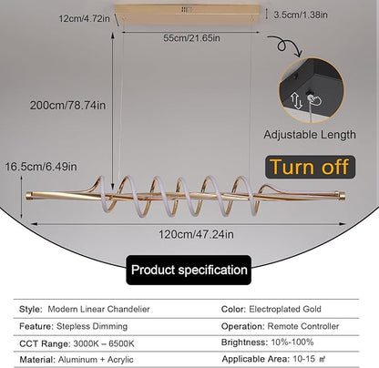 Gold Led Chandelier for Dining Room,Modern LED Chandelier Dining Room Lighting Fixture Dimmable with Remote,Minimalist Kitchen Island Lighting Ceiling Hanging Height Adjustable Music Note Design