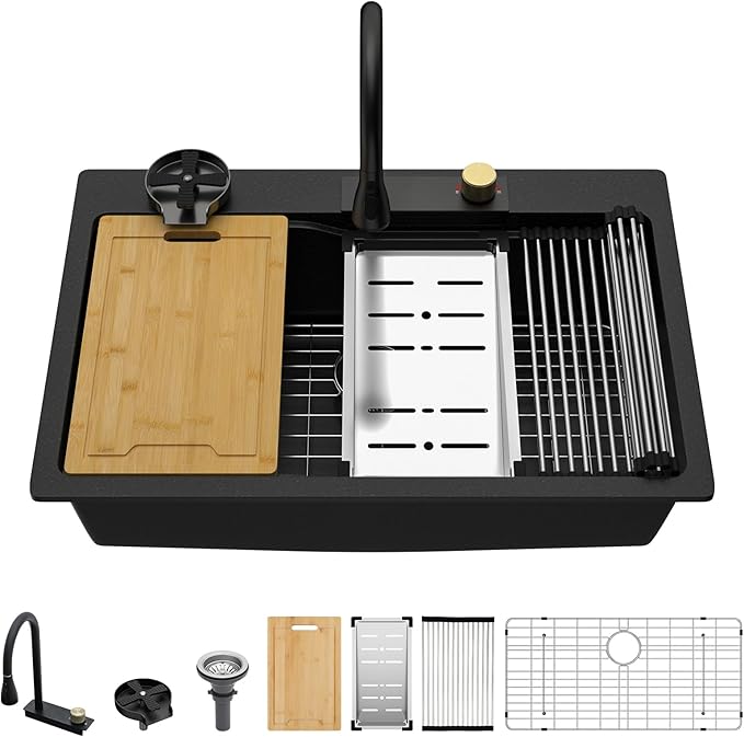 33x22 Drop In Waterfall Kitchen Sink Black Granite Composite Smart Kitchen Sink Multifunction Single Bowl Top Mount Black Multifunctional Waterfall Smart Sinks with Faucet Combo Glass Rinser