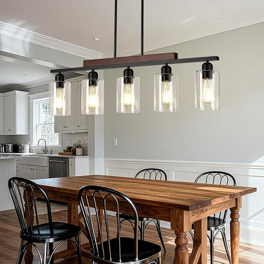 Farmhouse Dining Room Light Fixture: Modern 5-Light Kitchen Island Hanging Lighting with Glass Shade, Matte Black Industrial Linear Chandelier Over Table