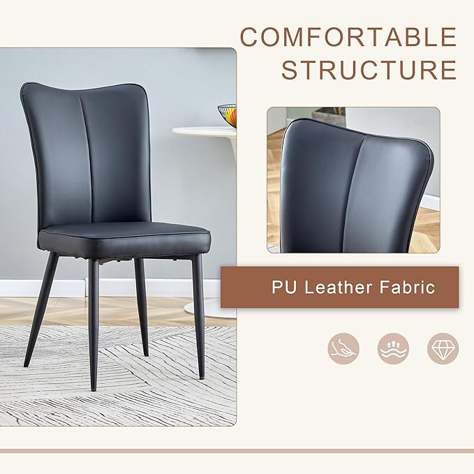Round Dining Table Set with 2 Black PU Chairs, 31.5 Inch Dark Wood Grain Table with Suction Molding Annular Texture and Vertical Stripe Design, Modern Minimalist for Dining Room