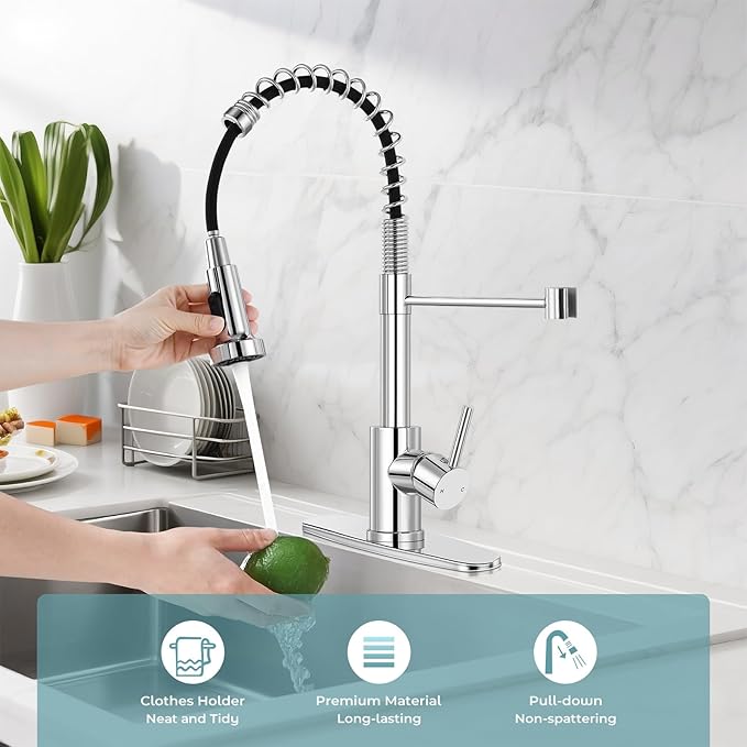 Kitchen Faucet with Pull Down Sprayer,Commercial Single Handle Stainless Steel Kitchen Faucets with Deck Plate (Chrome)