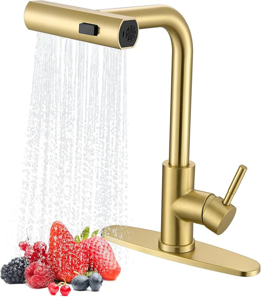 Waterfall Kitchen Faucet with Pull Down Sprayer, ARTIQUA Brushed Gold Single Handle Kitchen Sink Faucet with Deck Plate Fits 1 or 3 Hole, for Bar RV Laundry Farmhouse Outdoor and Camper