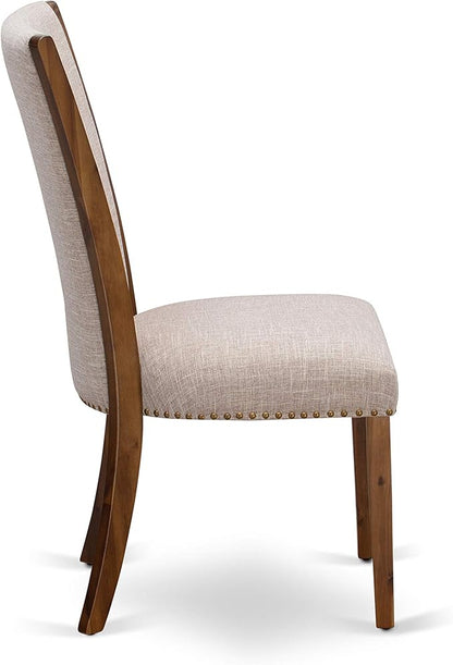 East West Furniture VEP8T04 Verona Parsons Dining Chairs - Nailhead Trim Light Tan Linen Fabric Upholstered Chairs, Set of 2, Walnut
