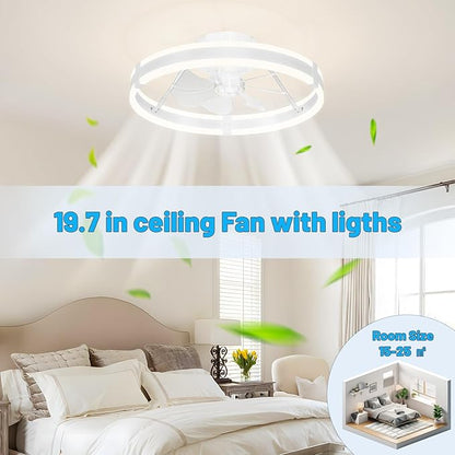 Bladeless Ceiling Fan with Lights,19.7'' 3000-6000K Dimmable 6 Wind Speed Low Profile Led Ceiling Fan, Reversible DC Motor Modern Flush Mount Indoor Kitchen Bedroom Fandelier Ceiling Fans
