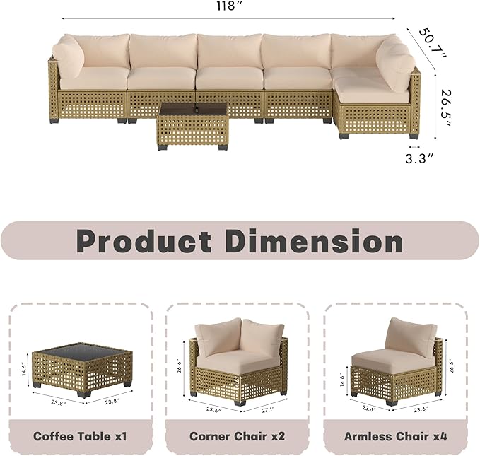 Patio Furniture Set, 7-Piece Outdoor Sectional Couch with Coffee Table & Thick Cushions, Outdoor Wicker Conversation Set for Backyard, Poolside, Garden (Yellow-White, 7 Piece-Single)