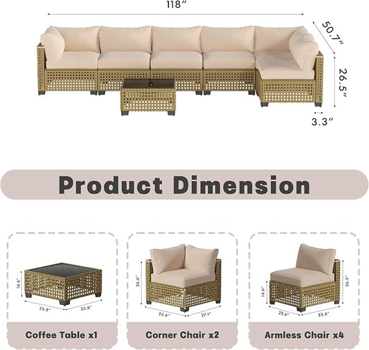 Patio Furniture Set, 7-Piece Outdoor Sectional Couch with Coffee Table & Thick Cushions, Outdoor Wicker Conversation Set for Backyard, Poolside, Garden (Yellow-White, 7 Piece-Single)
