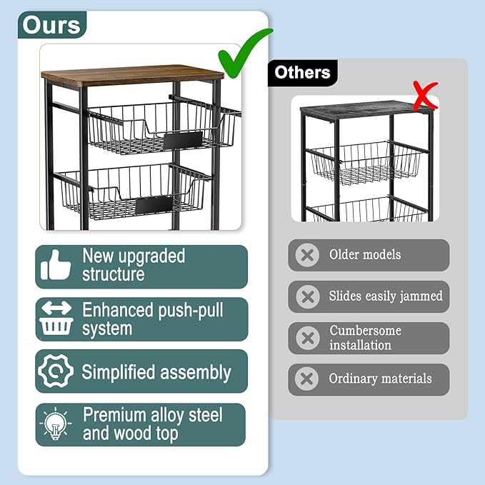 OKZEST 4-Tier Small Kitchen Storage Cart on Wheels, Metal Fruit Basket Stand with Pull-Out Baskets & Wood Top for Potato Onion Produce Snack Veggies