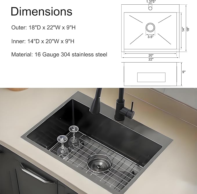 IKEBANA 22 x 18 inch Black Drop in Kitchen Sink, 16 Gauge Stainless Steel Topmount Kitchen Sink Single Bowl, Outdoor Small RV Bar Sinks with Strainer