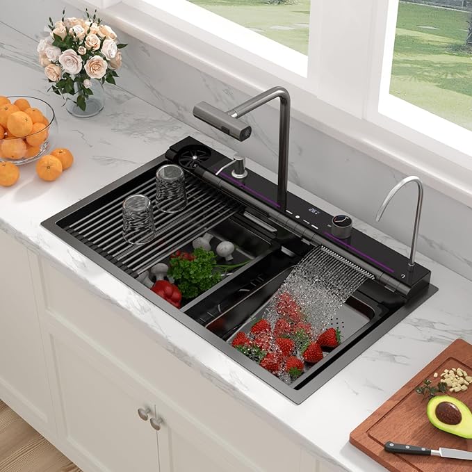 Sarlai Waterfall Kitchen Sink - 33 Inch Drop In Workstation Sink With Waterfall Black Stainless Steel 16 Gauge Multifunction Single Bowl Smart Top Mount Kitchen Sinks with Mechanical Keys 33x19 Inch