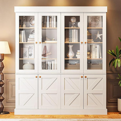 ivaniti 71" Tall Farmhouse Kitchen Pantry, Rustic Large Storage Cabinet with Glass Doors, Adjustable Shelves, Wood Versatile Hutch Cabinet for Dining Room, Living Room, White, Set of 3