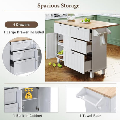 Farmhouse Kitchen Island Set with Drop Leaf and 2 Seatings Solid Wood White Design Dining Room, Versatile