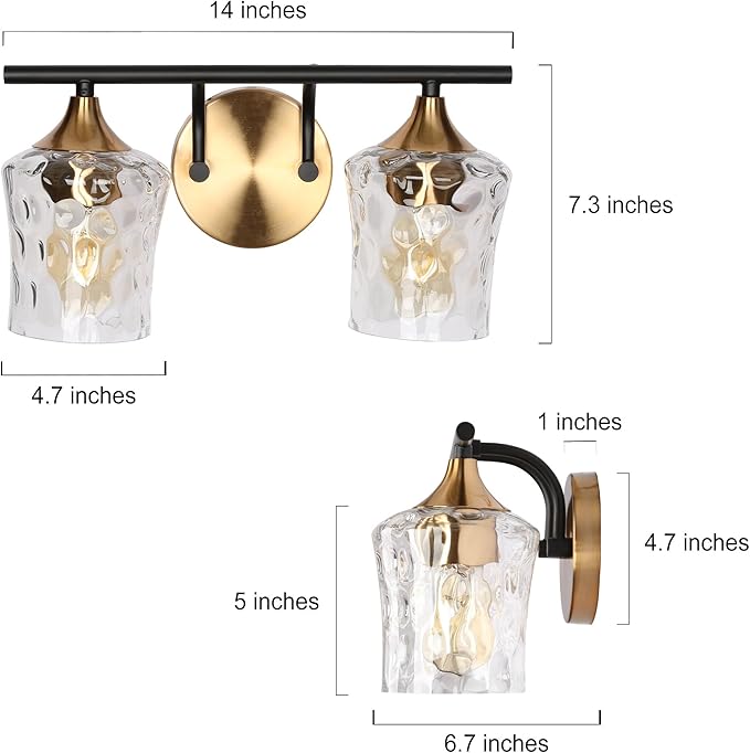KSANA Bathroom Vanity Lights, 2-Light Black and Electroplated Brass Vanity Light Over Mirror Mid-Century Modern Bathroom Light Fixtures with Textured Glass, 14" L x 6.7" W x 7.3" H
