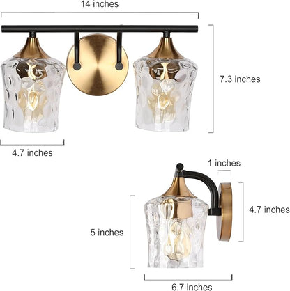 KSANA Bathroom Vanity Lights, 2-Light Black and Electroplated Brass Vanity Light Over Mirror Mid-Century Modern Bathroom Light Fixtures with Textured Glass, 14" L x 6.7" W x 7.3" H