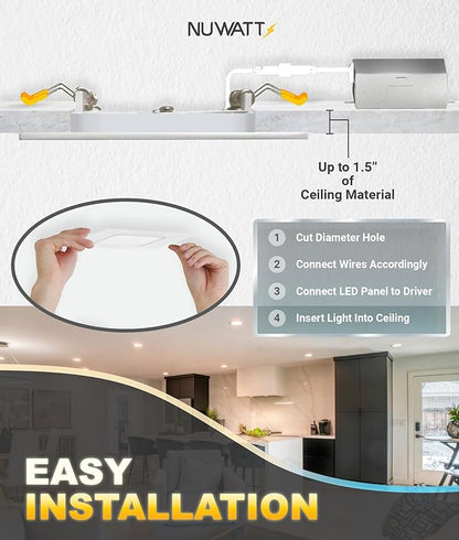 NUWATT 4 Inch Square Wafer LED Recessed Lights, 5 CCT Selectable 2700K/3000K/3500K/4000K/5000K, 630 Lumens Dimmable, Wet & IC Rated Downlight, 4" Canless Square Recessed Lighting, Metal J-Box, 6 Pack