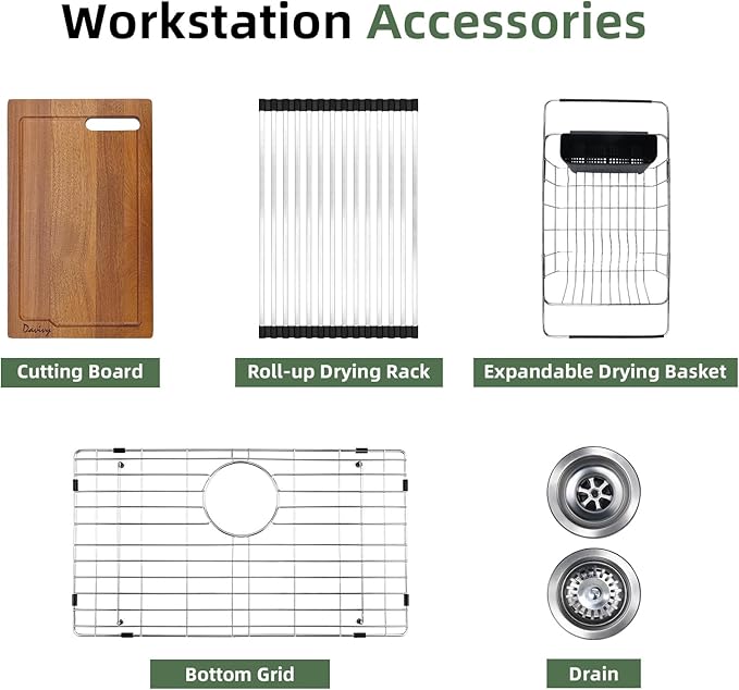 Davivy 27 Inch Black Granite Kitchen Sink Workstation, 27 x 18 Black Undermount/Drop In Kitchen Sink, Deep Quartz Composite Single Bowl with Accessories