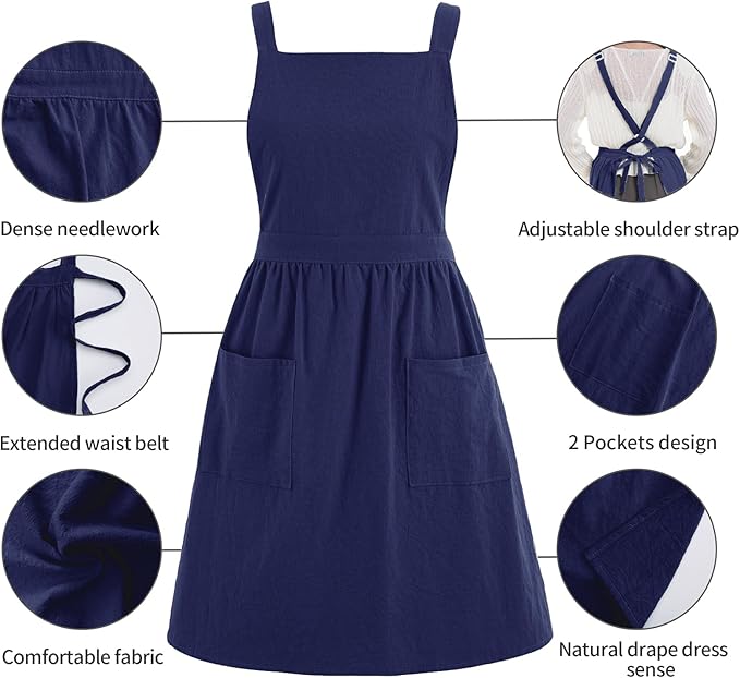 Pinknoke Cotton Linen Pinafore Apron Dress for Women with Pockets Cute Art Chef Aprons for Kitchen Baking Gardening Painting