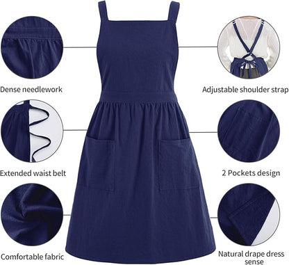 Pinknoke Cotton Linen Pinafore Apron Dress for Women with Pockets Cute Art Chef Aprons for Kitchen Baking Gardening Painting