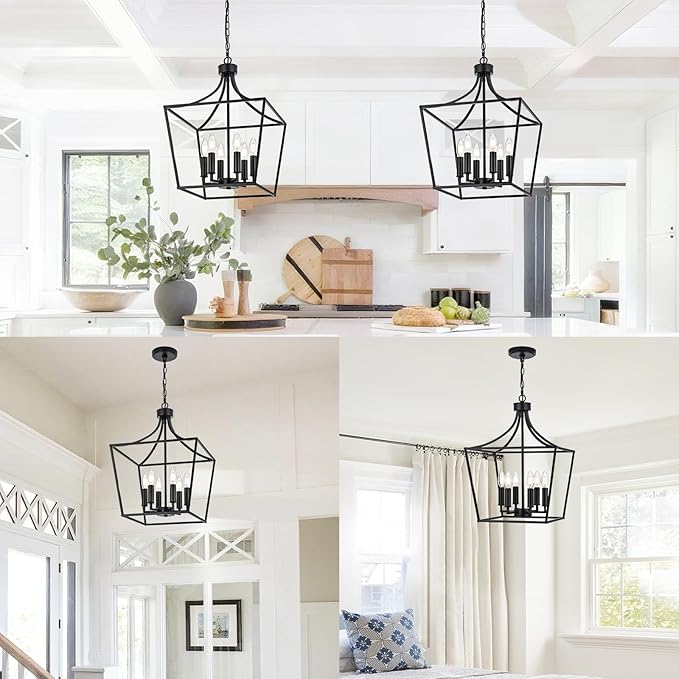 6-Light Farmhouse Dining Room Cage Chandelier, Black Ceiling Pendant Light Fixture Height Adjustable for Kitchen Island Over Table, E12 Bulb Base