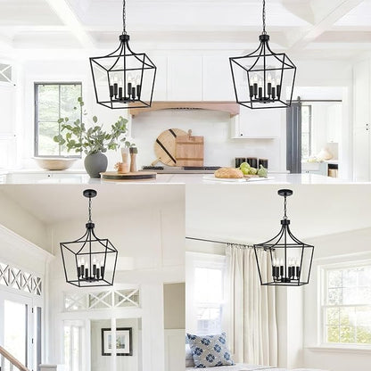 6-Light Farmhouse Dining Room Cage Chandelier, Black Ceiling Pendant Light Fixture Height Adjustable for Kitchen Island Over Table, E12 Bulb Base