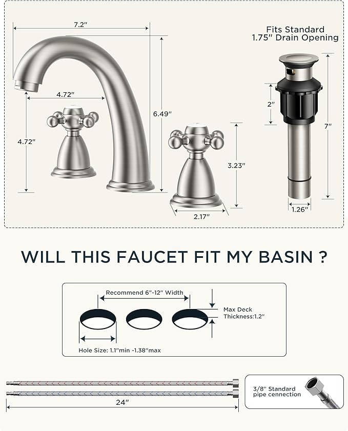 FORIOUS Faucet for Bathroom Sink 3 Hole, Brushed Nickel Bathroom Faucet Widespread with Pop Up Drain and Water Hose Supply, 2 Cross Handle Design, for Vanity RV Farmhouse Sink