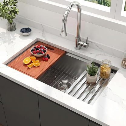 LQS 32 Inch Stainless Steel Kitchen Sink, Undermount 16 Gauge Stainless Steel Kitchen Sink, Single Bowl Kitchens Sinks with Sapele Wood Cutting Board For Family Kitchens, R10 Round Corner