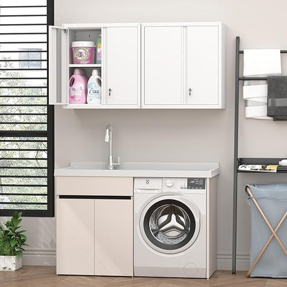 Metal Storage Cabinet with Lock, Kitchen Cabinets Wall Mounted, Steel Wall Cabinet with Doors and Shelves, Hanging Cabinet for Laundry, Pantry, Home Office, White