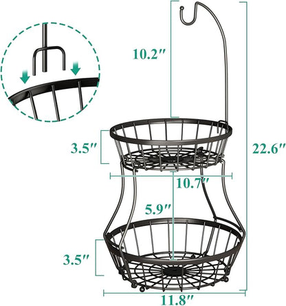 SAYZH 2-Tier Fruit Basket Bowl Stackable Vegetable Storage with Banana Tree Hanger Stand for Kitchen Countertop, Metal Wire Basket for Bread Onions Potatoes Black