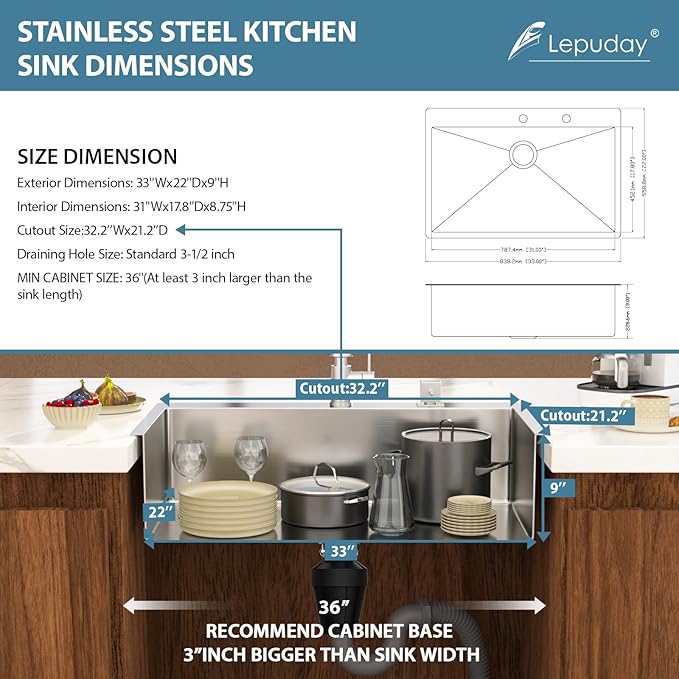 33 Inch Drop in Kitchen Sink 18 Gauge Stainless Steel 33x22 Single Bowl Brushed Handmade Topmount Kitchen Sinks Round Corner