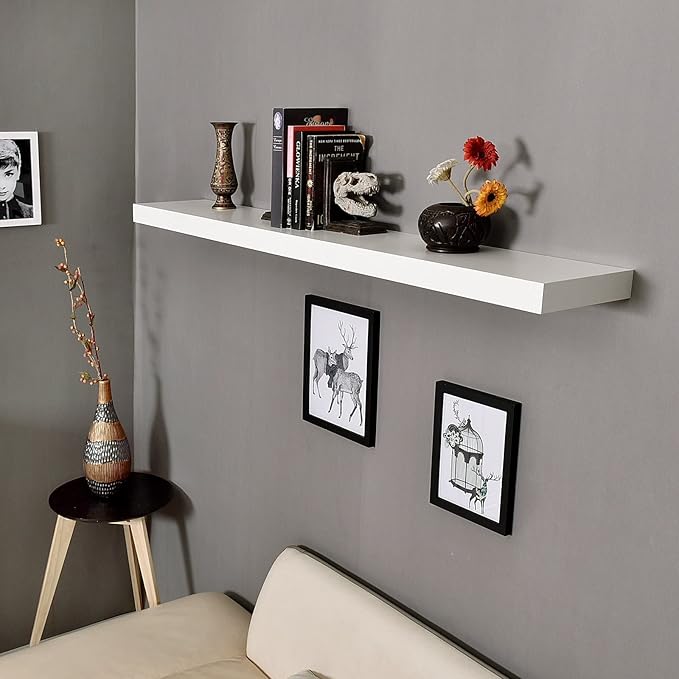 WELLAND Mission Floating Shelf, Wall Mount Shelving, Wood Modern Display Shelves, Bookshelves,for Living Room Kitchen, Approx 60-inch Length by 2-inch High, White