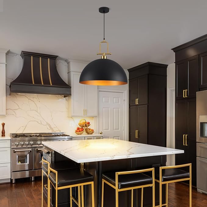 19.7" Large Dome Pendant Light - Black and Gold Pendant Light for Kitchen Island, Modern Industrial Lighting Fixtures for Dining Room, Foyer, Entryway, Hallway