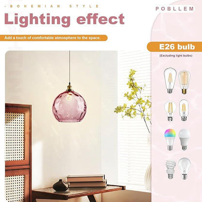 13.8-inch Globe Hanging Lamp with Plug in Cord, Pink Glass Pendant Light Vintage Plug in, Large Hammered Glass Hanging Swag Lamps for Kitchen Dining Room Girls Bedroom Living Room