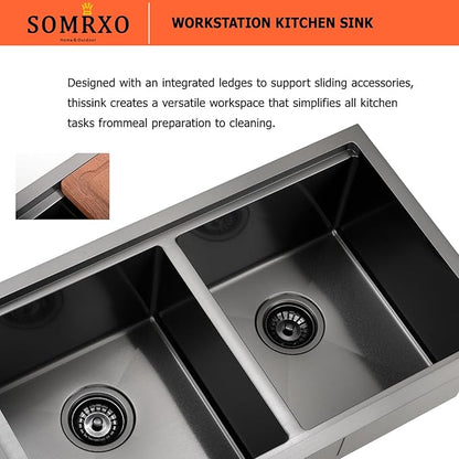 32 Inch Black Undermount Kitchen Sink Double Bowl - 32x19 Undermount Workstation Sink 16 Gauge Black Stainless Steel 10 Inch Deep Double Bowl Kitchen Sinks