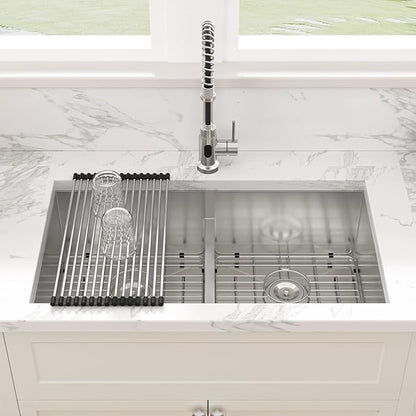 Sarlai 36 Undermount Kitchen Sink - 36" x 19" Undermount Double Bowl Sink 60/40 Low Divide Stainless Steel 16 Gauge Under Counter Rectangular Kitchen Sinks Basin with Accessories