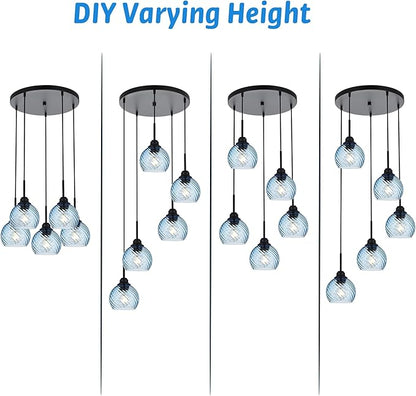 5 Light Cluster Pendant Lighting with Striped Swirl Globe Glass Blue Pendant Light for Kitchen Island, Modern Dining Room Light Fixtures Over Table Hanging Ceiling Light, E26 Base