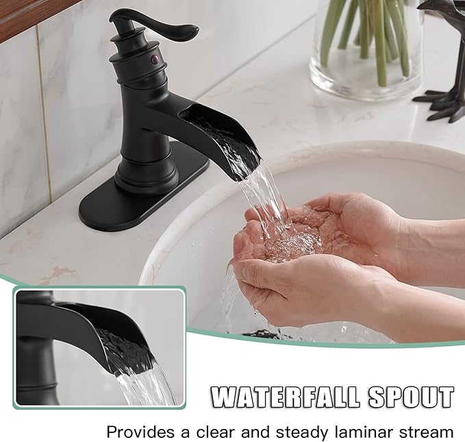 BWE Matte Black Waterfall Bathroom Faucet, Single Handle One Hole Sink Faucet for Farmhouse Bathroom Vanity Basin, Antique Finish Solid Brass Construction