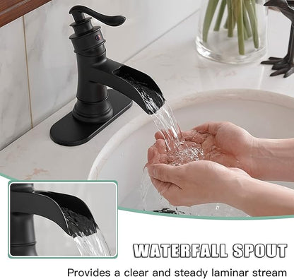 BWE Matte Black Waterfall Bathroom Faucet, Single Handle One Hole Sink Faucet for Farmhouse Bathroom Vanity Basin, Antique Finish Solid Brass Construction
