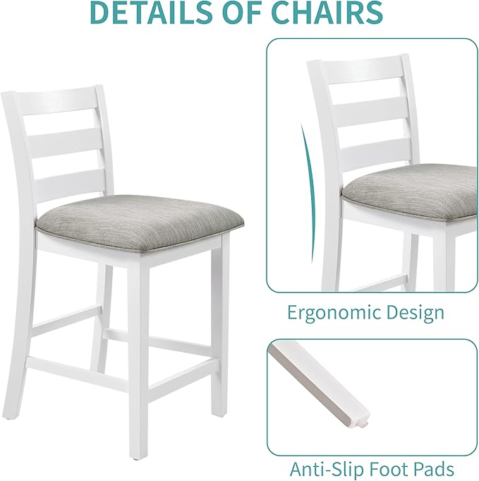 Bar Table Set with Charging Station & 3-Tier Storage, Space-Saving Dining Table Set for 2 with Upholstered Chairs, Small Kitchen Island for Apartment (30 Inch+White)