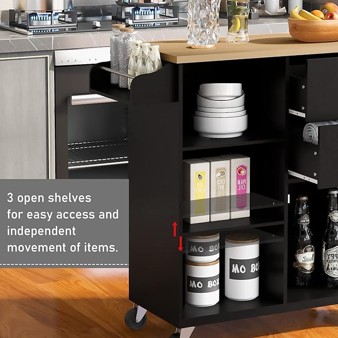 Fashion Store Kitchen Island Cart with Rubber Wood Top and 2 Drawers,4 Wheels and 3 Open Shelves,for Kitchen,Dining Room,Bathroom,Living Room (Black@E)