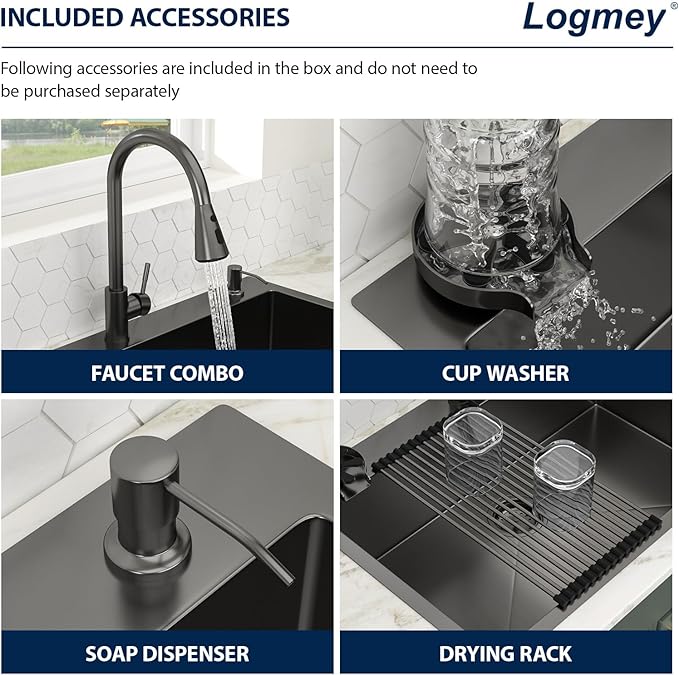 Logmey 33x22 Gun Black Drop in Kitchen Sink with Pull-out Faucet Soap Dispenser 33 Inch 16 Guage Stainless Steel Sinks Single Bowl 9'' Deep Sinks with Cup Washer 33x22x9 LMTB33229-F