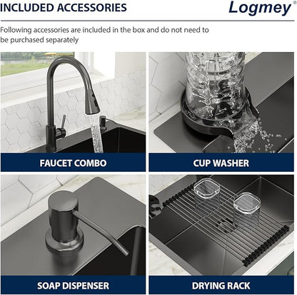 Logmey 33x22 Gun Black Drop in Kitchen Sink with Pull-out Faucet Soap Dispenser 33 Inch 16 Guage Stainless Steel Sinks Single Bowl 9'' Deep Sinks with Cup Washer 33x22x9 LMTB33229-F