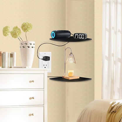 JJL Corner Shelf Wall Mounted, 12-Inch Sector Wood Floating Corner Shelves with Wire Hole, Set of 2 Circular arc Corner Shelf for Bedroom Corner Decoration, Black