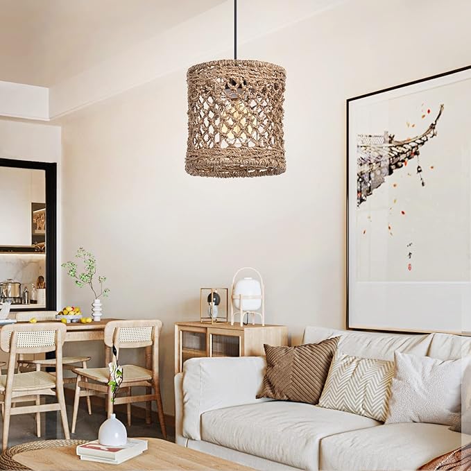 Arturesthome Boho Hand Woven Rattan Pendant Light Fixture, Mini Farmhouse Natural Chandelier Lighting, Retro Wicker Hanging Lamp for Kitchen Island D 7.8″*7.8″