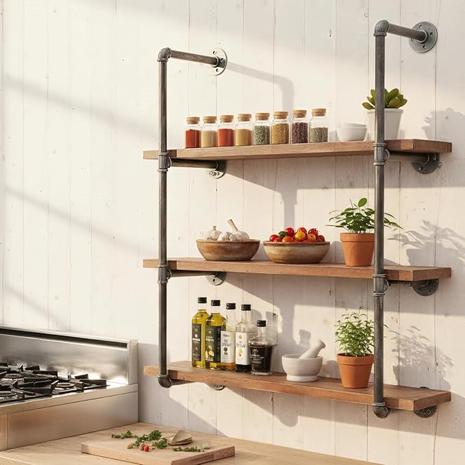 BIXIRAO Industrial Wall Mounted Iron Floating Pipe Shelves/Shelving/Racks/Storage/Bookcases/Brackets, DIY Open Bookshelves, Retro Black (4-Tier Shelf Brackets with 3 Boards)