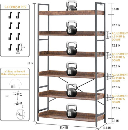 HCHQHS Bookshelf, Adjustable Industrial Bookcase, Vertical Tall Book Shelf, Wood and Black Metal Open Bookshelves for Home Office, Living Room, Bedroom (Rustic Brown, 6-Tier (31" W x 70" H))