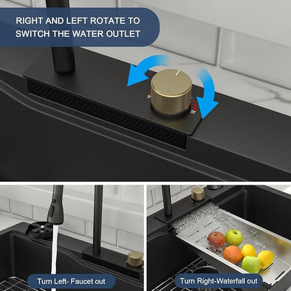 Lordear Granite Composite Kitchen Sink With Waterfall Faucet 33x22 Inch Drop In Kitchen Sinks Black Quartz Single Bowl Multifunctional Workstation Topmount Sink