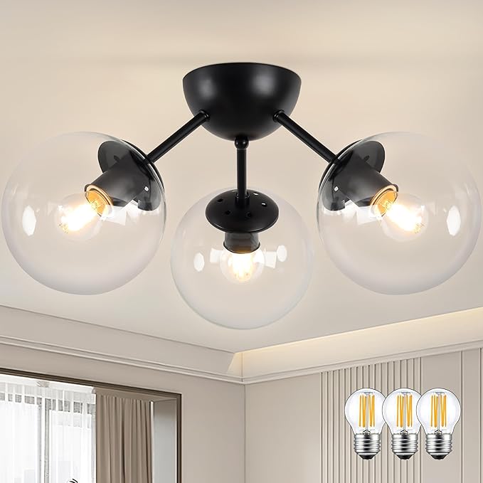 Bagood Mid-Century Modern Semi Flush Mount Ceiling Light 3 Lights Clear Glass Modern Globe Ceiling Light Matte Black Sputnik Chandeliers for Hallway Entryway Kitchen Bedroom Laundry(Bulb Incl.)
