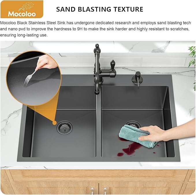 Mocoloo Double Bowl Kitchen Sink Drop in 33 x 22 Sink Gunmetal Black Double Bowl 50/50 Stainless Steel 16 Gauge Handmade, 10'' Deep Sinks