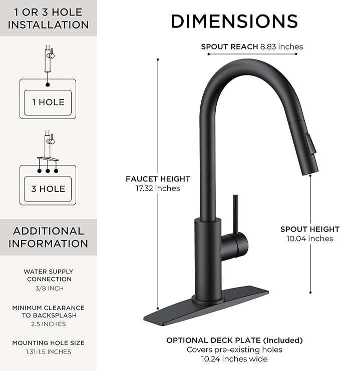 FORIOUS Black Kitchen Faucet with Pull Down Sprayer,Stainless Steel High Arc Gooseneck Modern Sink Faucet with CUPC Ceramic Cartridge, Single Handle Stainless Steel and Deck Plate